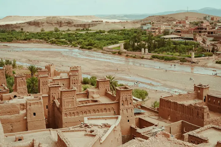 Mud-brick kasbahs of Ait Benhaddou beside the river