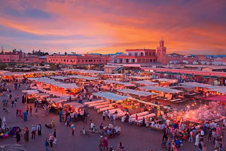 Jemaa el-Fna square in Marrakech at sunset