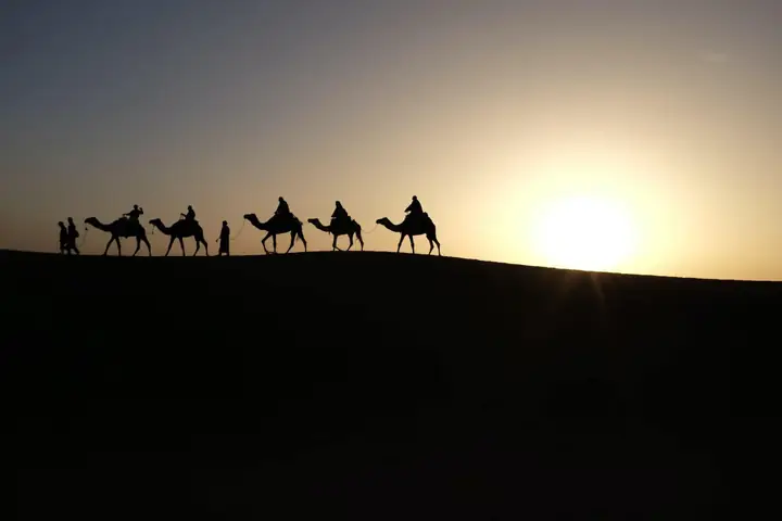 Sagoma di una carovana all’alba nel deserto