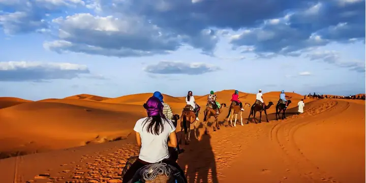 Viaggiatrice in cammello che segue una carovana nel deserto