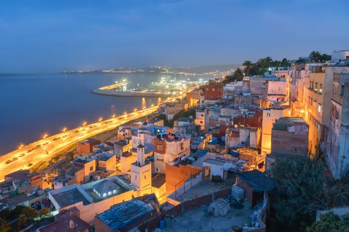 View of the medina and bay of Tangier at dusk